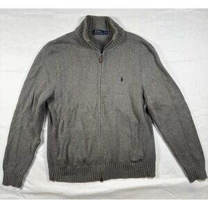 Polo Ralph Lauren Gray Full Zip Knit Sweater Mens Large Leather Pull